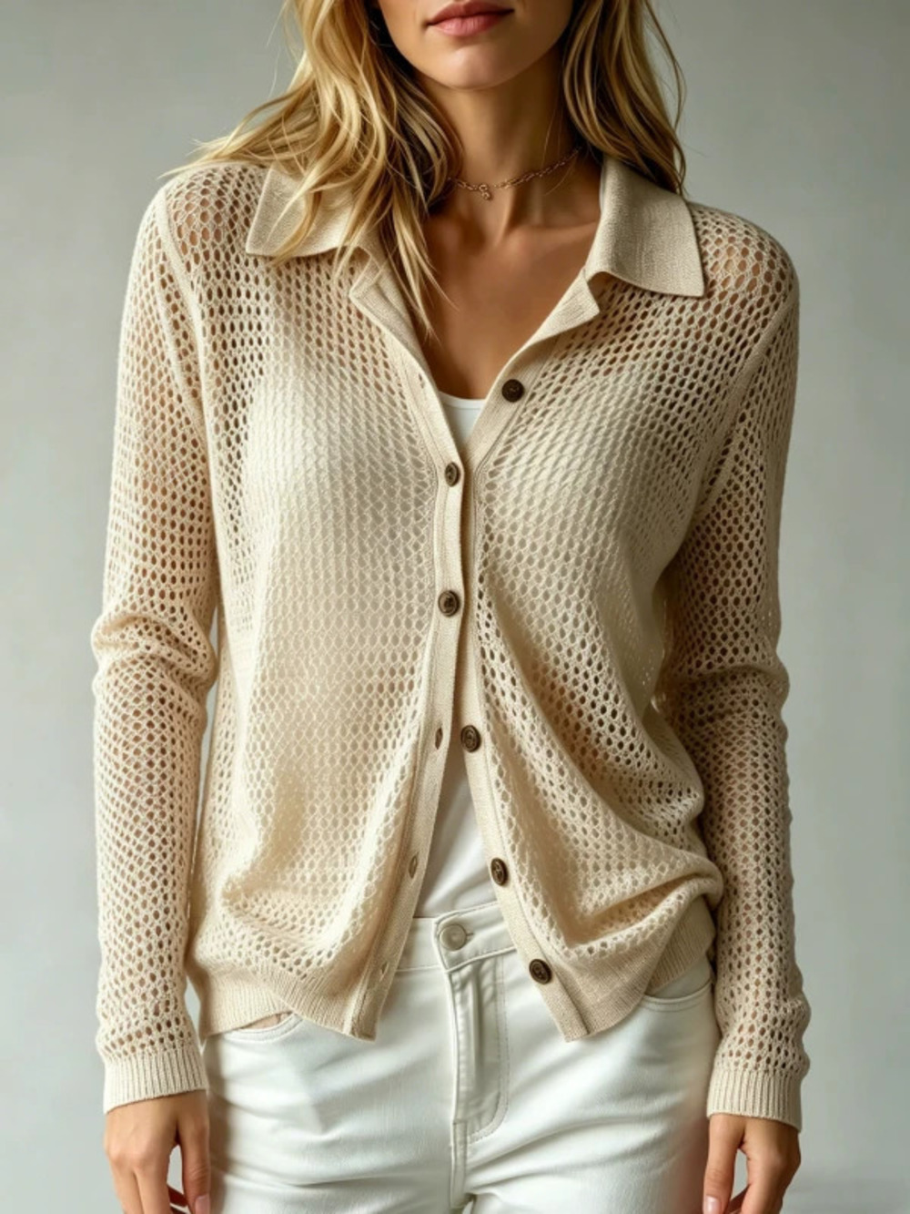 ZARA Women Lapel Hollow Mesh Knit Cardigan Loose Breathable Single Button Casual